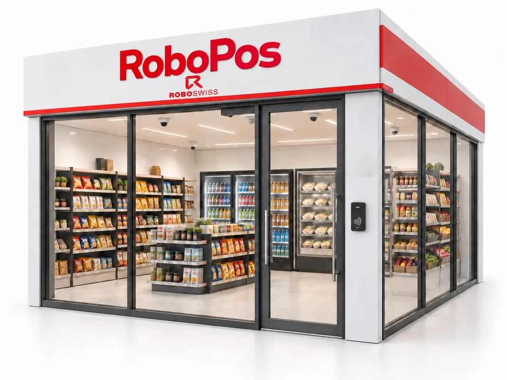 Negozio RoboPos visto dall'esterno: insegna rossa e bianca con il logotipo ROBOSWISS, facciata interamente vetrata, scaffali riforniti, vetrine refrigerate e lettore contactless all'ingresso