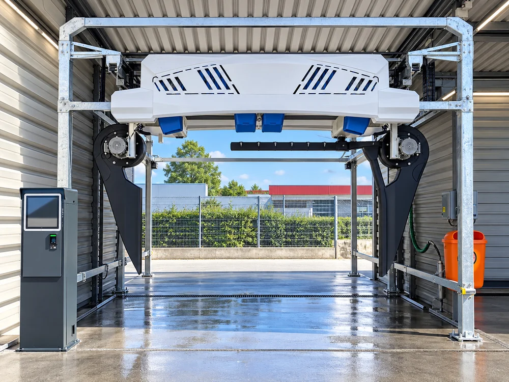 RoboWash wash gantry in its bay, with side dryers and a high-pressure nozzle bar