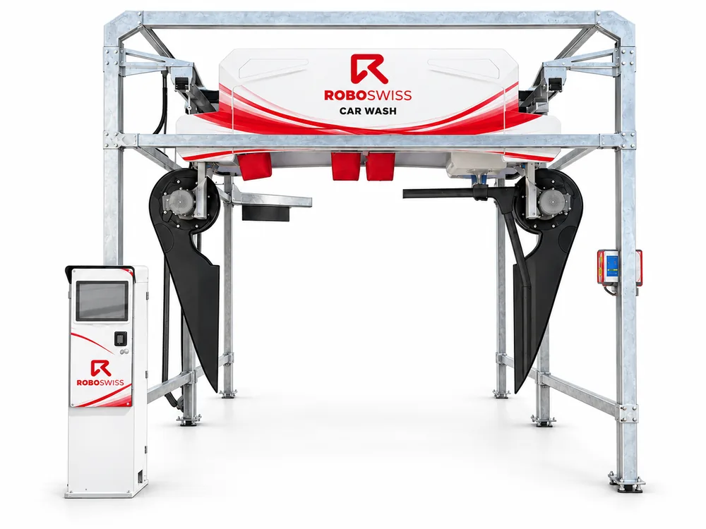 Portale di lavaggio RoboWash in livrea ROBOSWISS: telaio zincato, carrozzeria bianca, asciugatori laterali neri e terminale di pagamento con schermo tattile