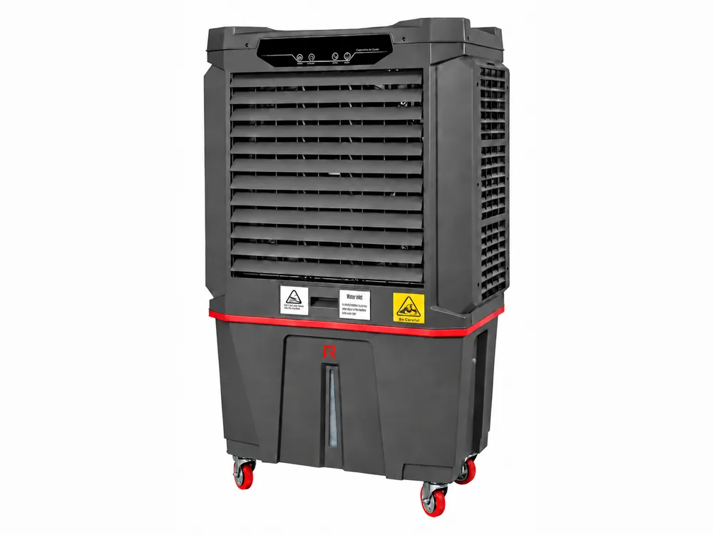 Raffrescatore d'aria evaporativo mobile RS-A13C: carrozzeria antracite, pannello di comando, fascia rossa e ruote rosse