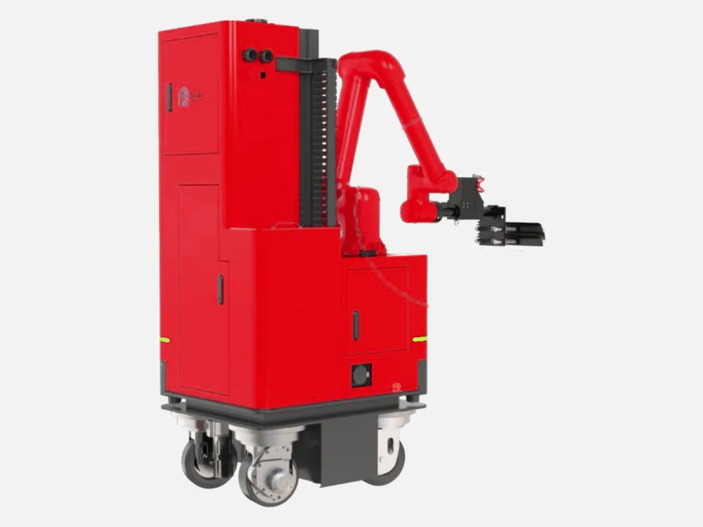 Robot RS-P2 rosso su ruote, con colonna di sollevamento e braccio articolato che porta la testa dell'utensile
